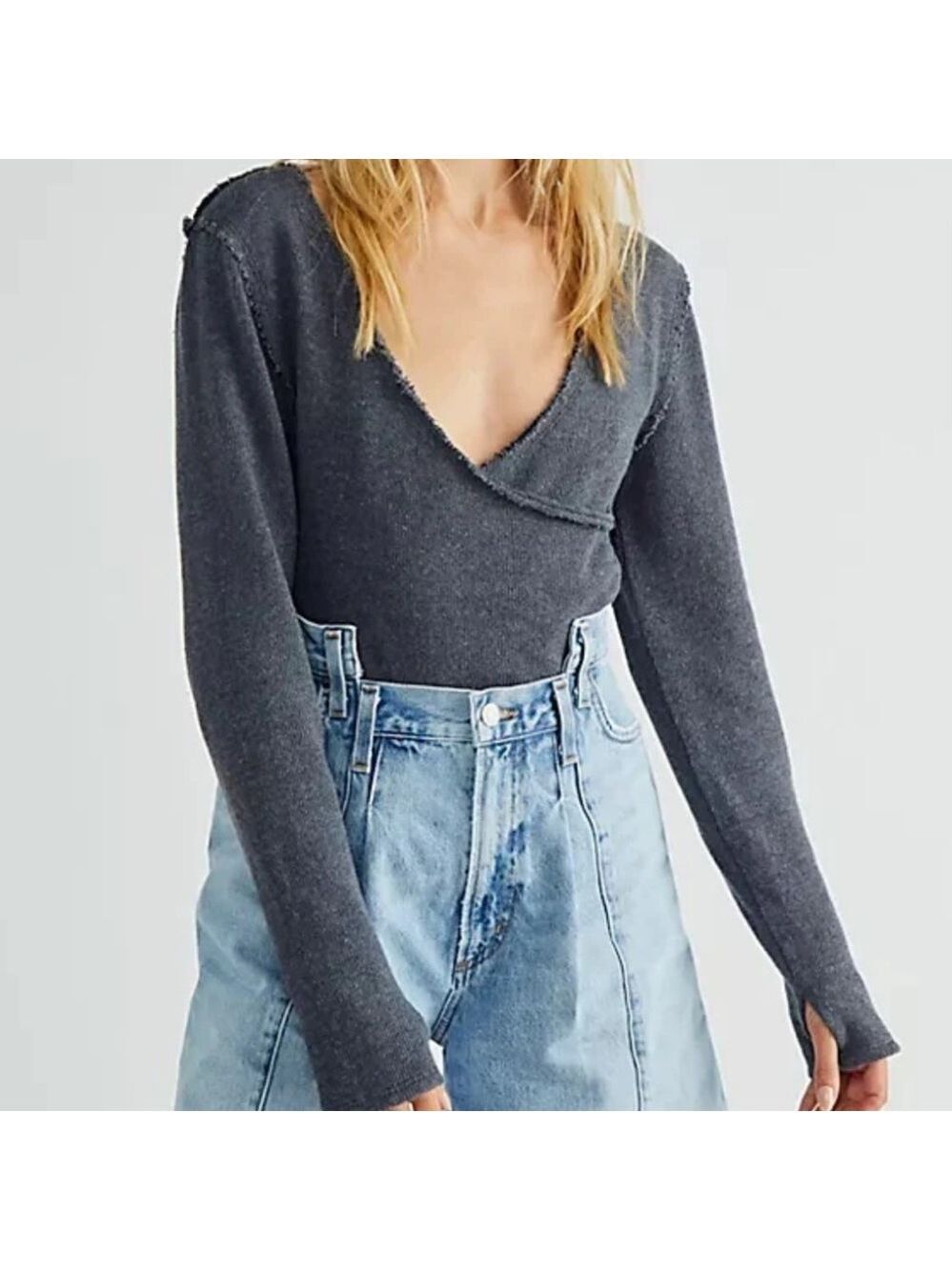 Free People Like a Boss Surplice Faux Wrap Long Sleeve Top Knit Sweater Size XS
